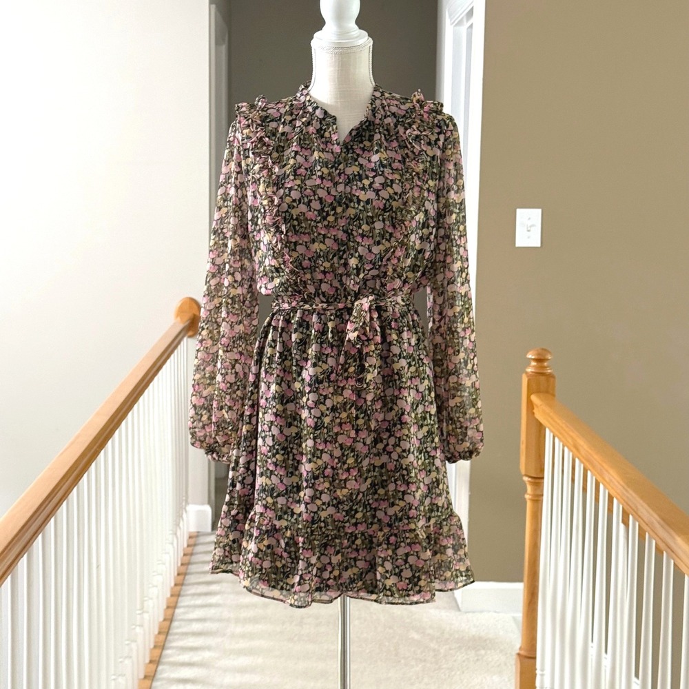 LC Lauren Conrad Floral Ruffle Mini Dress Pink Yellow Metallic Stripe Large